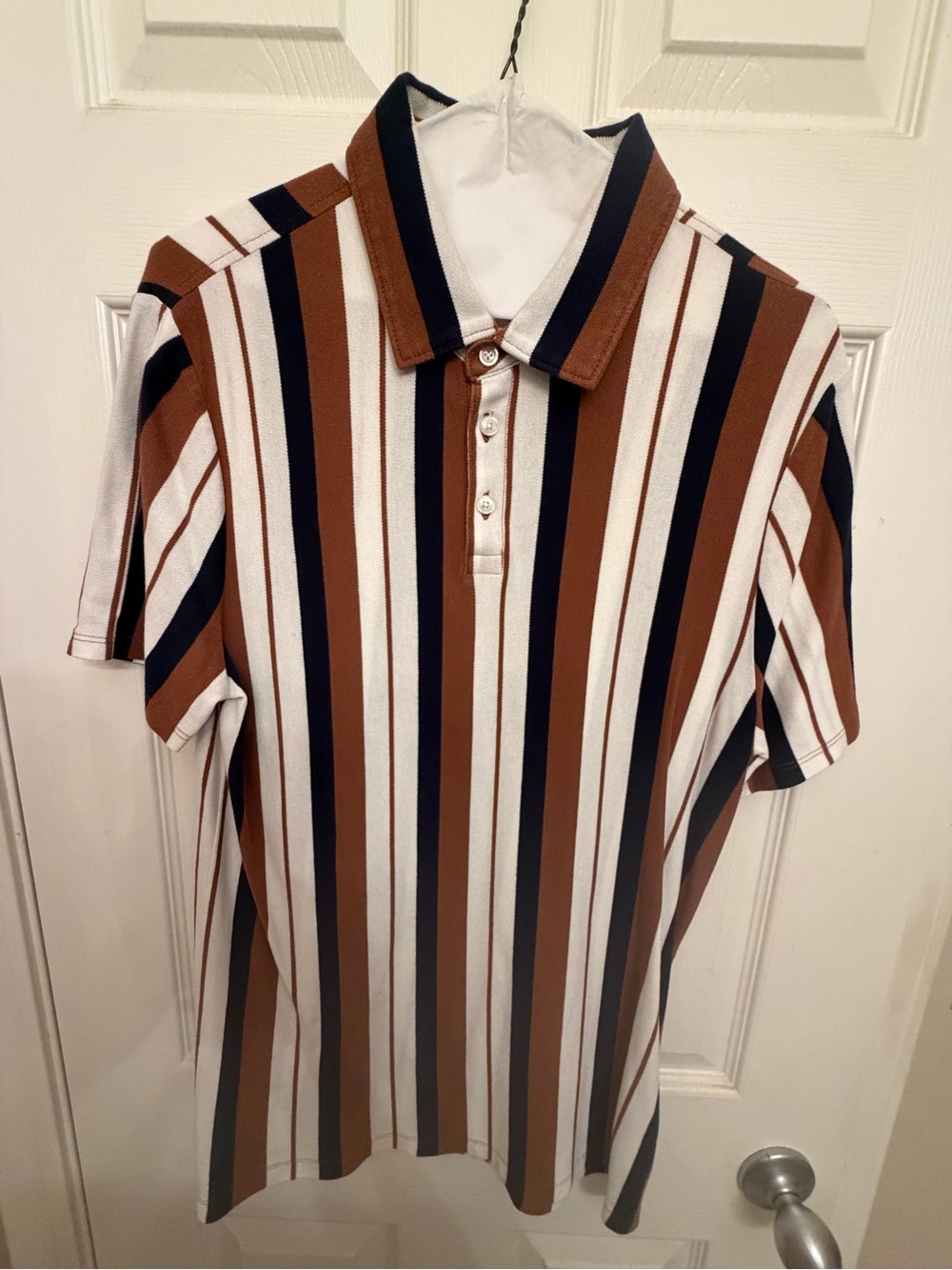 Express Men's Polo in Brown, White & Black Vertical Stripes